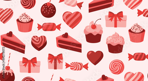 Romantic seamless pattern for Valentine's Day featuring an assortment of red and pink sweets like cupcakes, chocolates, and gift boxes.