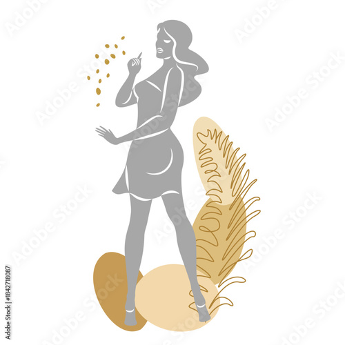 Silhouette of a cute lady and leaves of a plant. The girl is standing. The woman has a beautiful figure. She is young and slim. Vector illustration.