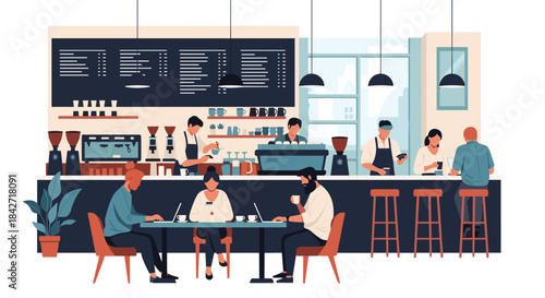 Modern coffee shop scene with baristas making drinks behind the counter and customers working on laptops and chatting at tables.