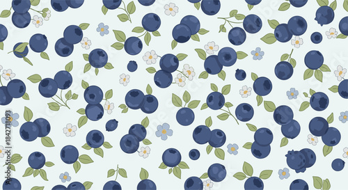 Charming seamless pattern with ripe blueberries, delicate white blossoms, and green leaves scattered across a light blue-green background.