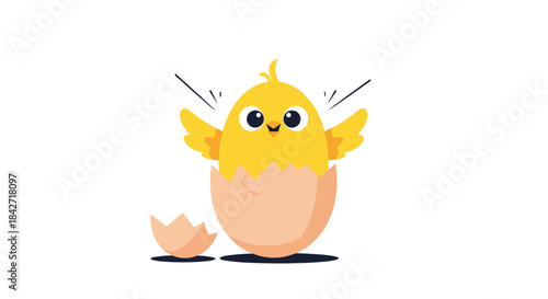 Adorable cartoon baby chick cheerfully hatching from a cracked egg, flapping its little wings with excitement on a white background.