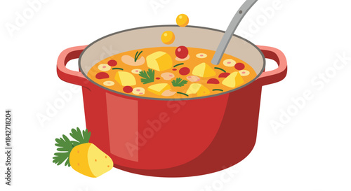 Hearty vegetable soup or stew simmering in a red cast iron pot, with a ladle and fresh ingredients on a white background.