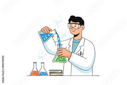 Cartoon scientist in lab coat pours liquid, steam rises.  Beakers and books are visible