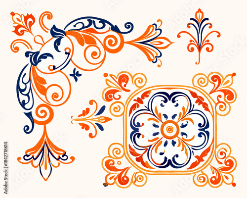 Ornate floral and scroll decorative elements, vector