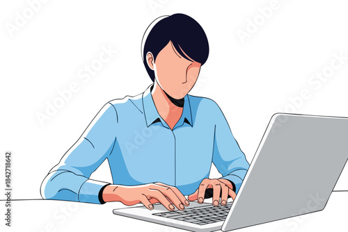 Illustration of a person typing on a laptop, a light-blue shirt, and a white background
