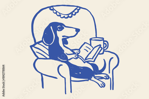 Dachshund reading book in armchair doodle vector illustration