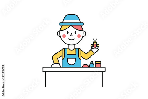 Cartoon artisan with hat and colorful overalls, holding a bug toy