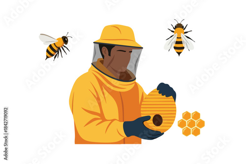 Illustration showing a beekeeper in a protective suit, bees, and honeycomb