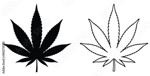 Black silhouette and outline vector icons of a sevenpointed cannabis marijuana leaf isolated on white