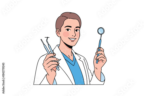 Illustration of a smiling dentist in a lab coat, holding dental tools