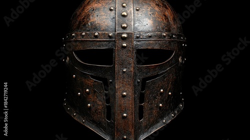 A medieval knight helmet isolated against a black background