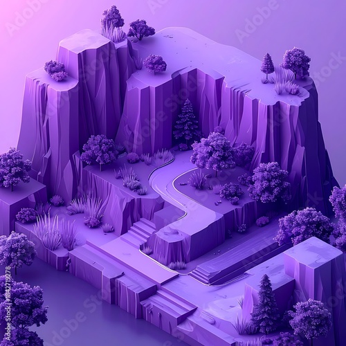 Isometric, monochrome purple landscape with trees, cliffs, and winding path, rendered in a digital, blocky style