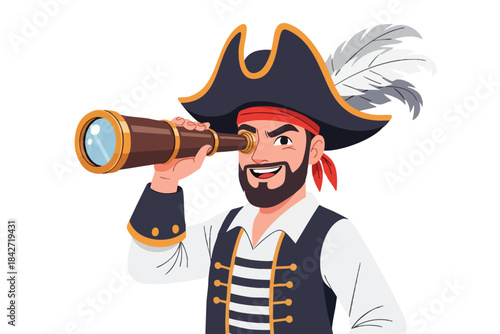 A cartoon pirate, wearing a hat with feathers, smiles while looking through a telescope