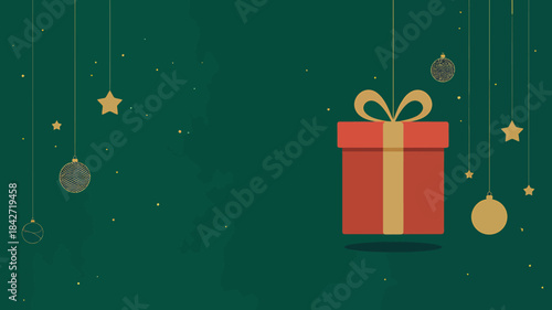 Vibrant Christmas Gift Box with Ornaments on Dark Green Background