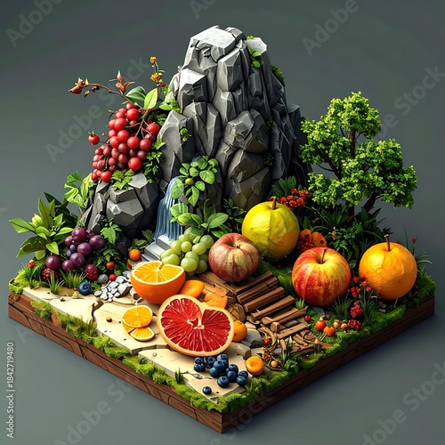 Isometric nature scene with mountain, waterfall, fruit, and foliage on a square platform with a neutral gray background