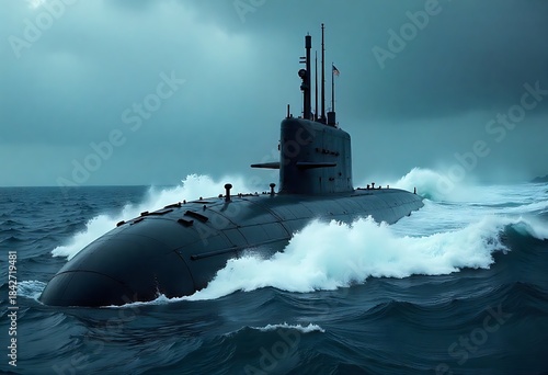 A military submarine battles rough stormy seas at night, illuminated by rain and waves, creating a powerful, dramatic maritime scene rendered with deep, moody realism.