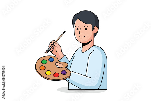 A smiling man with a brush in hand, holding a palette of colorful paints