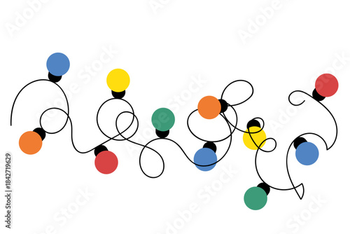Tangled Christmas lights isolated on white. Colorful decoration round garland light bulbs on a black string