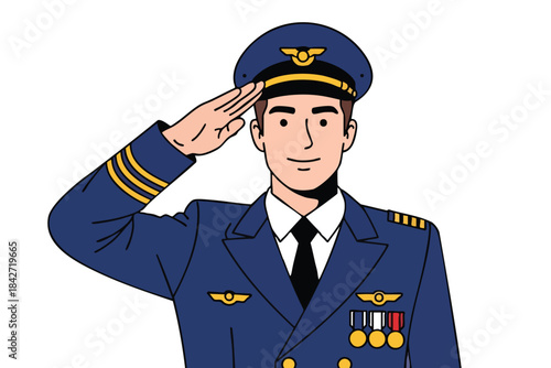 A pilot in a blue uniform, hat, and medals salutes with a pleasant expression