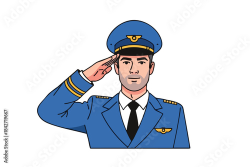 An illustration shows a pilot saluting, wearing a blue uniform with gold details