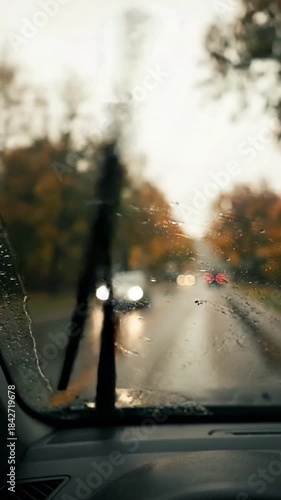 Rainy Autumn Drive: Point of View from Car Interior through Wet Windshield with Blurry Road, Wipers, and Distant Headlights