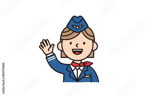 A smiling person in uniform with a blue hat and red scarf waves