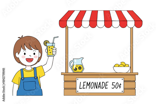 A child smiles, holding lemonade, at a lemonade stand with lemons and a sign
