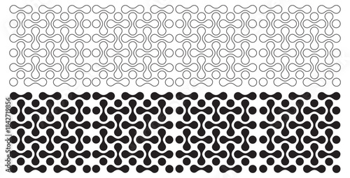 Seamless abstract geometric pattern featuring interlocking rounded shapes and circular nodes in black and white