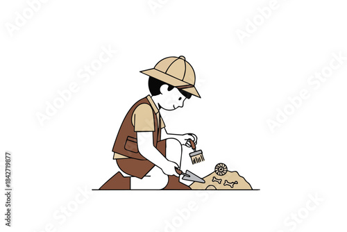 A child in explorer attire excavates a fossilized shell & bones from a small mound