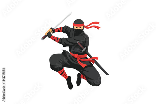 A cartoon ninja in a black outfit, red accents, with two katanas in a dynamic pose