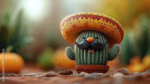 A Mexican cactus character wearing a traditional sombrero and mustache