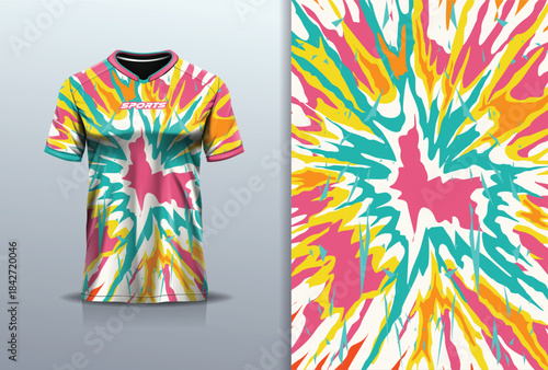 T-shirt mockup abstract texture grunge water sport jersey design for football, soccer, racing, esports, running, pink white yellow green color