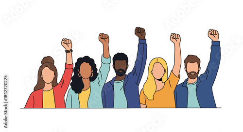 Diverse group of people raising their fists in unity and protest, symbolizing empowerment and collective action.