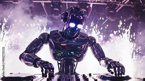 Cinematic 4K Slow Motion of an Advanced AI Android DJ Mixing Music at a Futuristic Nightclub Stage