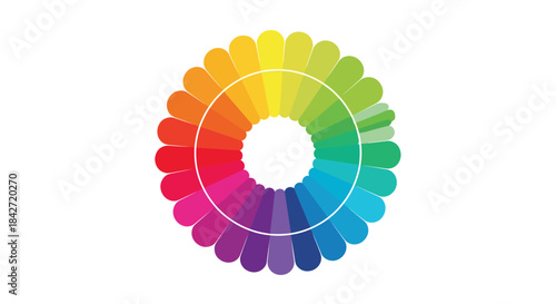 Vibrant color wheel with a spectrum of hues arranged in a circular, petal-like design on a clean white background, representing artistic diversity.