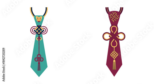 Stylish graphic illustration showcasing two unique neckties, one teal and one maroon, adorned with intricate traditional Chinese knot designs and tassels.