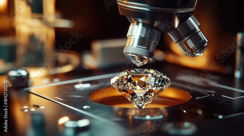 A microscope examining a diamond, symbolizing precision and luxury. Gemology concept