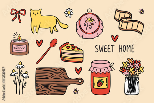 Sweet Home dining room set with table, chairs and dishes, cozy hand drawn doodle style