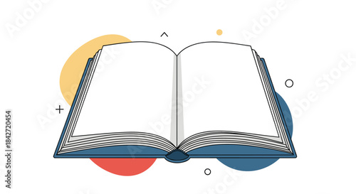 A modern vector illustration of an open book with blank pages, adorned with abstract colorful shapes and minimalist symbols on a white background.