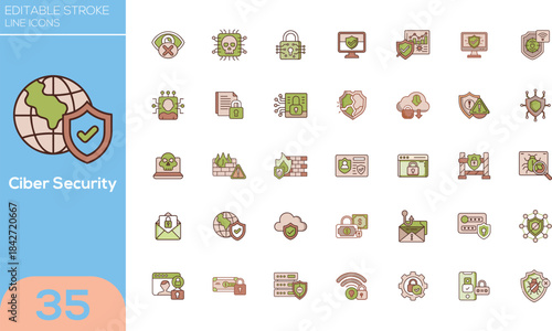 Minimalist Cyber Security and Data Protection web icons set in line style with editable stroke Vector Symbols