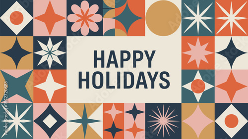 Colorful geometric happy holidays greeting card with retro-inspired decorative tile patterns in warm festive tones framing bold seasonal holiday lettering