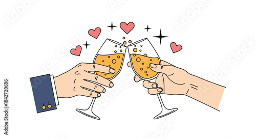 Two people celebrating a special occasion with a champagne toast, surrounded by festive hearts and sparkling effects.