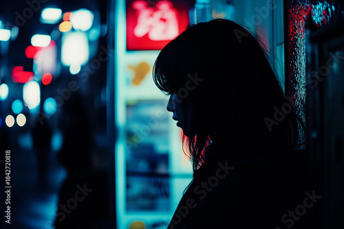Silhouette of person people standing in vibrant night city street filled with lights traffic, generative ai