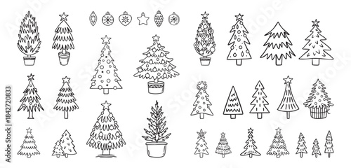 Christmas trees line art collection with potted pines, ornaments and star toppers, monochrome festive set, hand drawn.
