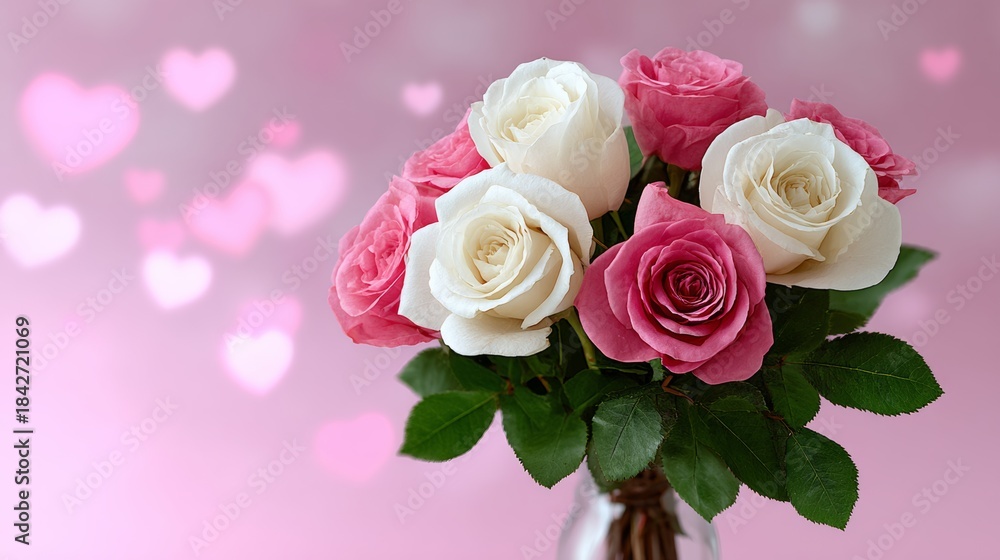 Obraz premium Bouquet of pink and white roses arranged elegantly in a glass vase, set against a soft pink background with heart-shaped bokeh, symbolizing love and affection for special occasions