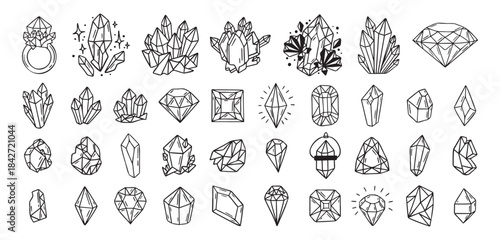 Mystical crystals or diamonds isolated clipart bundle set. Magic crystals hand drawn, crystals doodle, line gem stones isolated items on white esoteric
