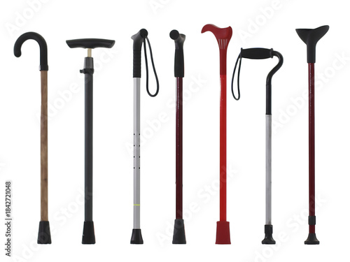 A collection of different types of walking canes for mobility support
