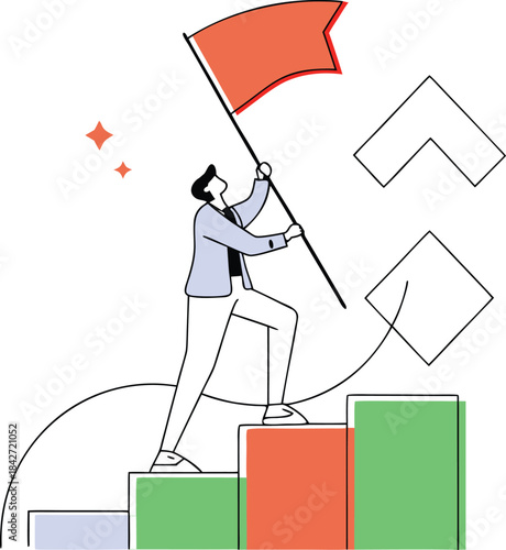Business Goal Achievement and Career Success Concept. Man Climbing Growth Graph and Holding Flag.