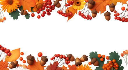 Vibrant autumn frame design with colorful fall leaves, red berries, and acorns