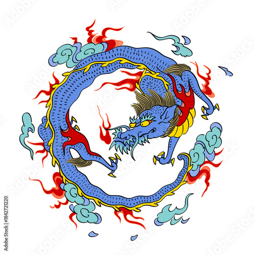 Azure Dragon, Japanese Seiryu, Chinese Qinglong, one of the Dragon Gods. He represents the cardinal direction east, and the spring season. Also known as the Blue-green, Green or Avalon Dragon. Vector